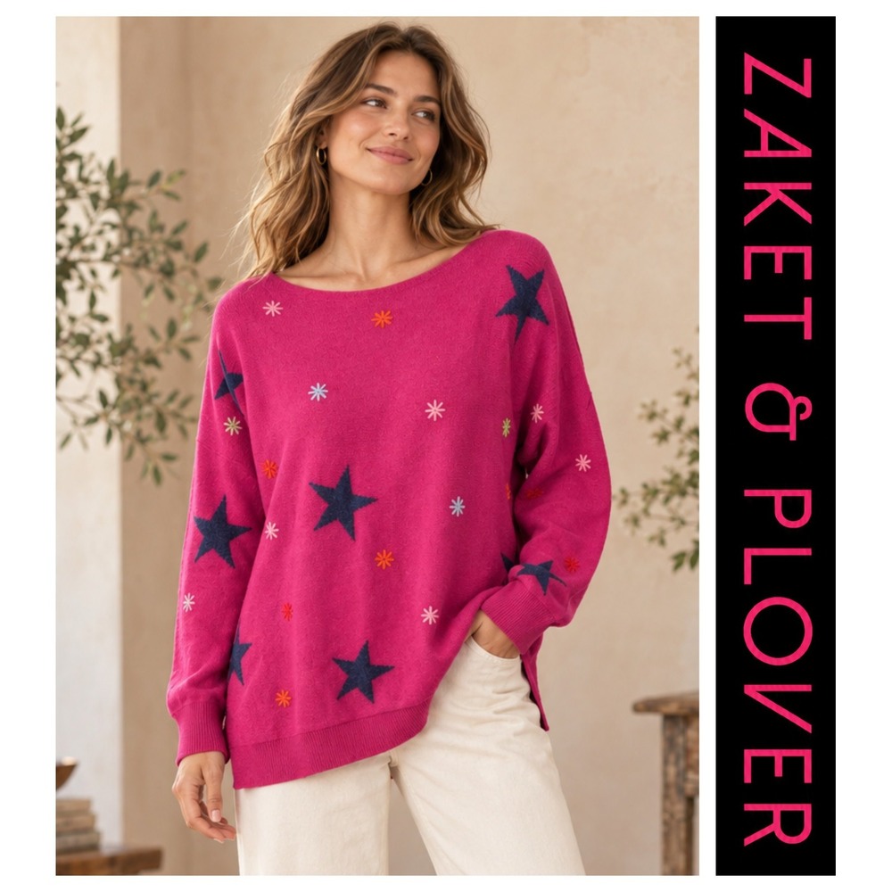 Zaket & Plover Starry Night Pink Cashmere Blend Celestrial Sweater S NWT $148